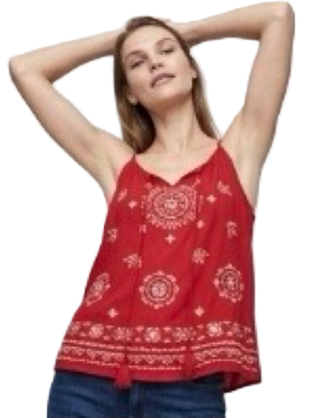 SOLITAIRE Tank Top Spaghetti Strap Red w/Cream Stitch Design Women Size M
